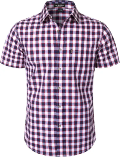 Men's Gingham Short Sleeve Button Down Shirt Cotton Regular Fit Plaid Dress Shirts with Pocket Navy White Gingham Large