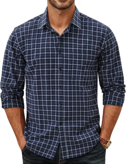 Men‘s Plaid Button Down Shirt Cotton Long Sleeve Dress Shirt Casual Gingham Shirts Navy Gingham Medium