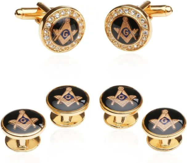 Cuff-Daddy Masonic Cufflinks and Studs - Mens Freemason Formal Set Cufflinks and Studs - Crystal Gold Tone Masonic Tuxedo Formal Set with Travel Presentation Box - 5/8" Cufflinks, 1/2" Studs Shirt