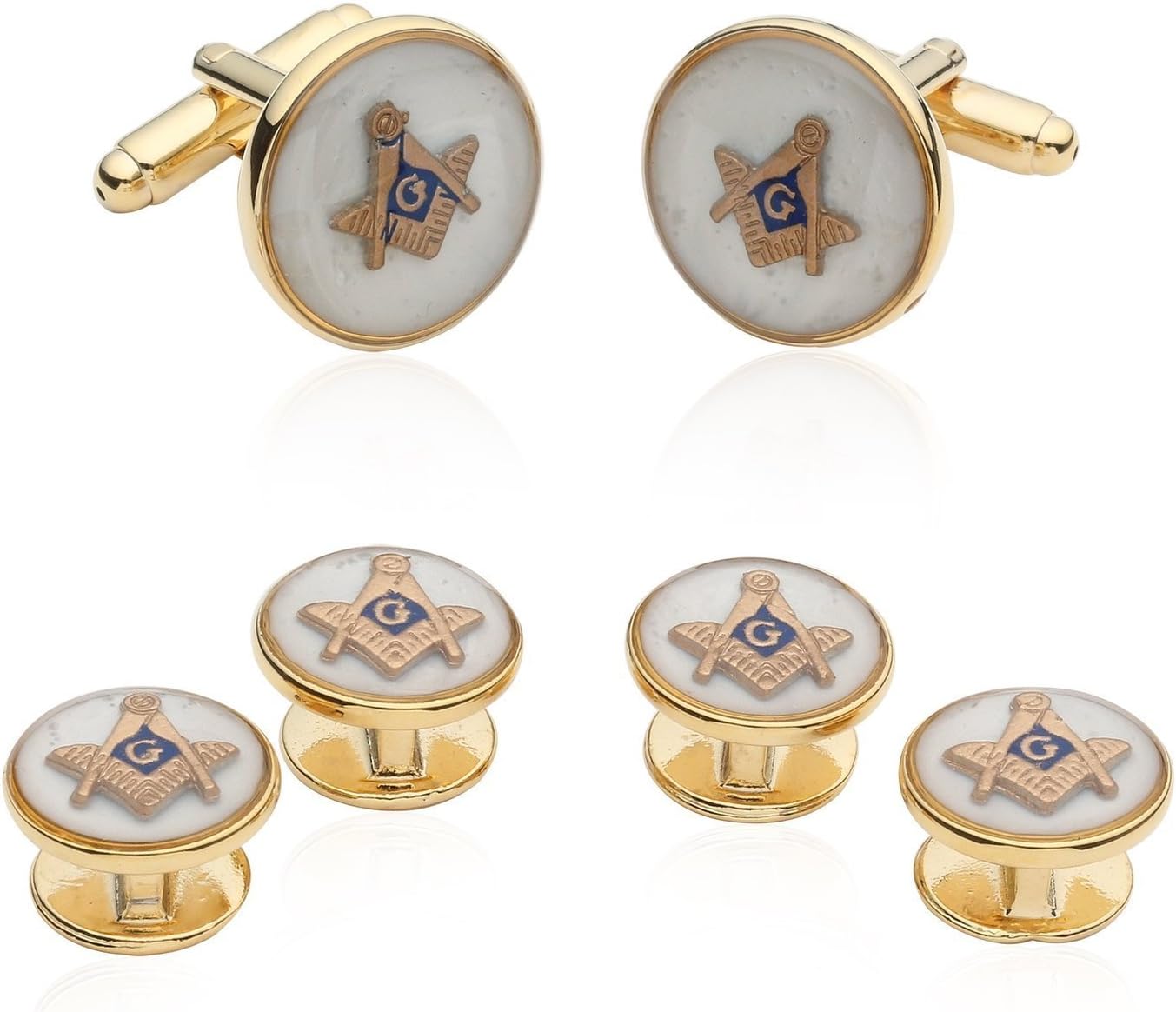 Cuff-Daddy Mens White Freemason Cufflinks for Men with Shirt Studs - Masonic Tuxedo Formal Set Enamel Cufflinks and Studs with Travel Presentation Gift Box for Wedding Party Groomsmen Groom