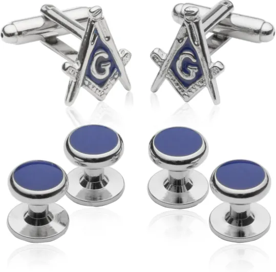 Cuff-Daddy Mens Silver Mason Masonic Cufflinks Studs Formal Set with Presentation Box