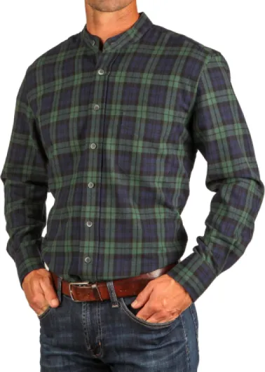 Traditional Irish Grandfather Shirt, Men's Casual Long Sleeve Button Down Collarless Dress Shirt X-Large Navy Black Watch Flannel