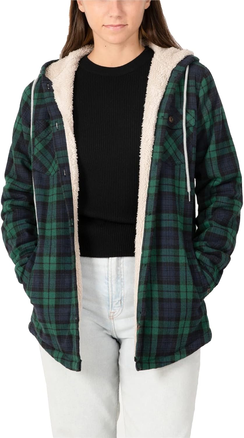 Women's Sherpa Lined Plaid Flannel Jacket Button Down Hooded Flannel Shirt Jacket Warm Shacket(All Sherpa Lining) Large Black Watch