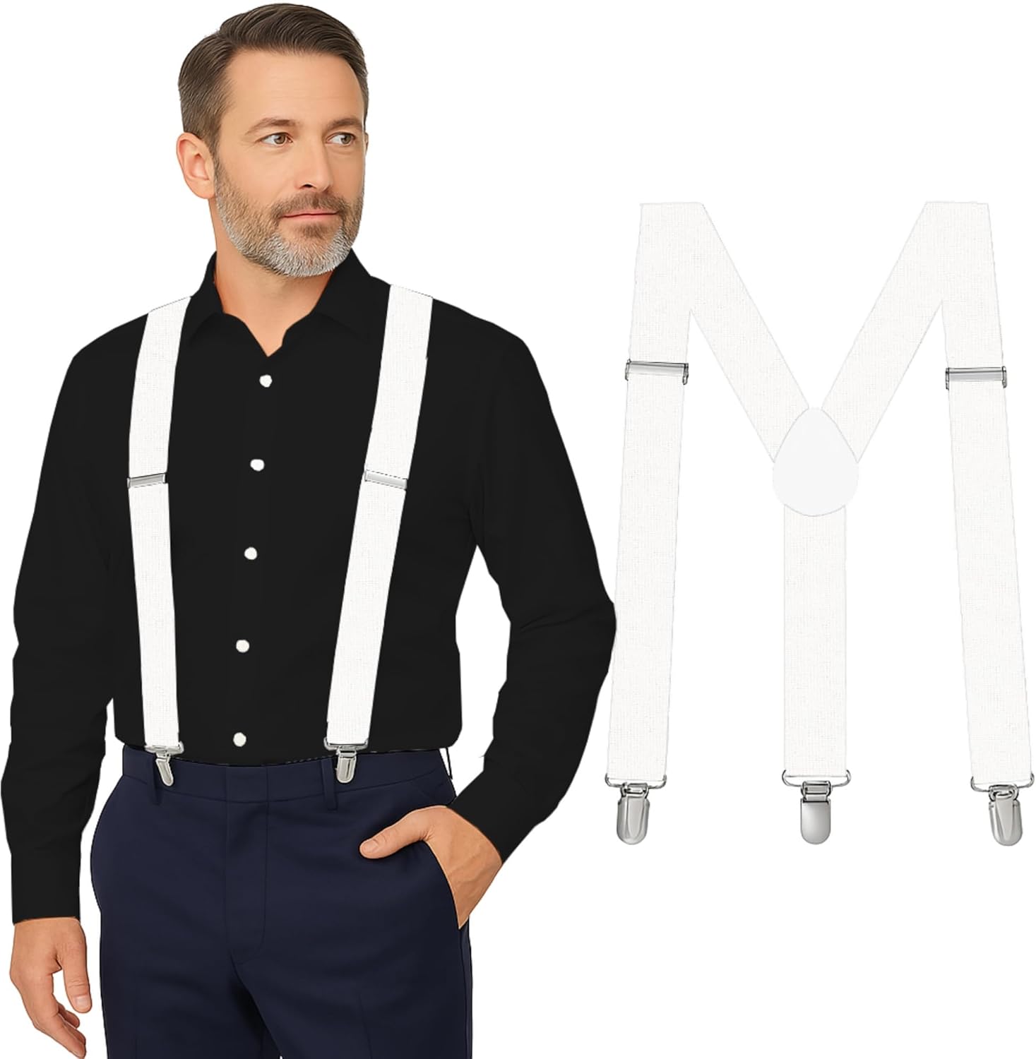 Suspenders for Men Heavy Duty - Adjustable 1” Y-Back Men's Suspenders for Dress Pants - Strong Metal Clips, Everyday Wear White 1