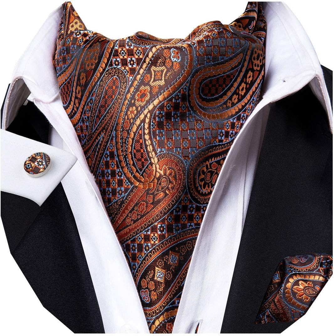 Paisley Floral Ascot for Men Self Tie Mens Cravat and Pocket Square Cufflinks Wedding A Bronze Blue