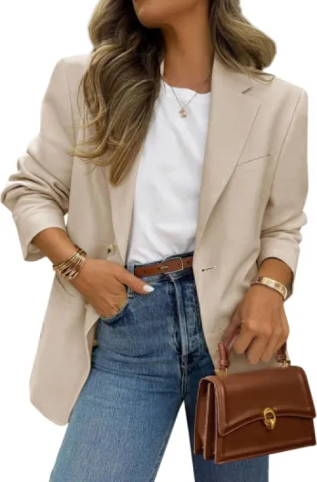 2025 Blazers for Women Business Casual Long Sleeve Lapel Open Front Suit Jacket Work Blazer with Pockets Beige Apricot Small