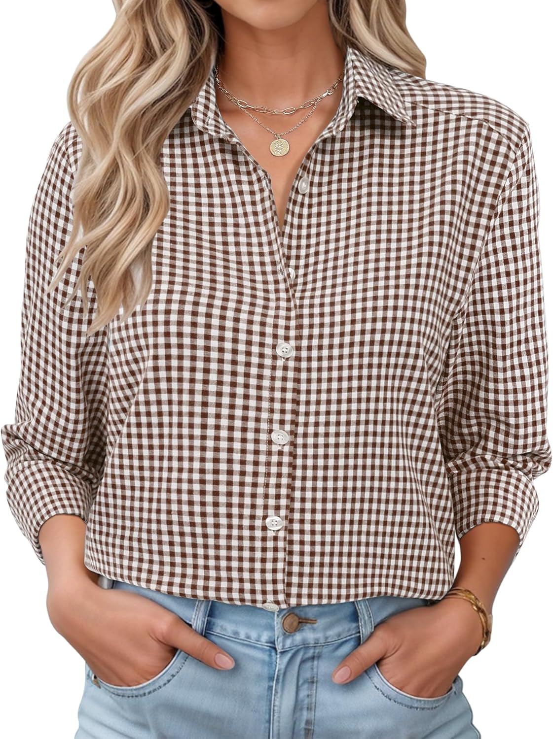 Womens Long Sleeve Button Down Shirts Casual Loose Fit Cotton Collared Blouses Brown and White Plaid Small