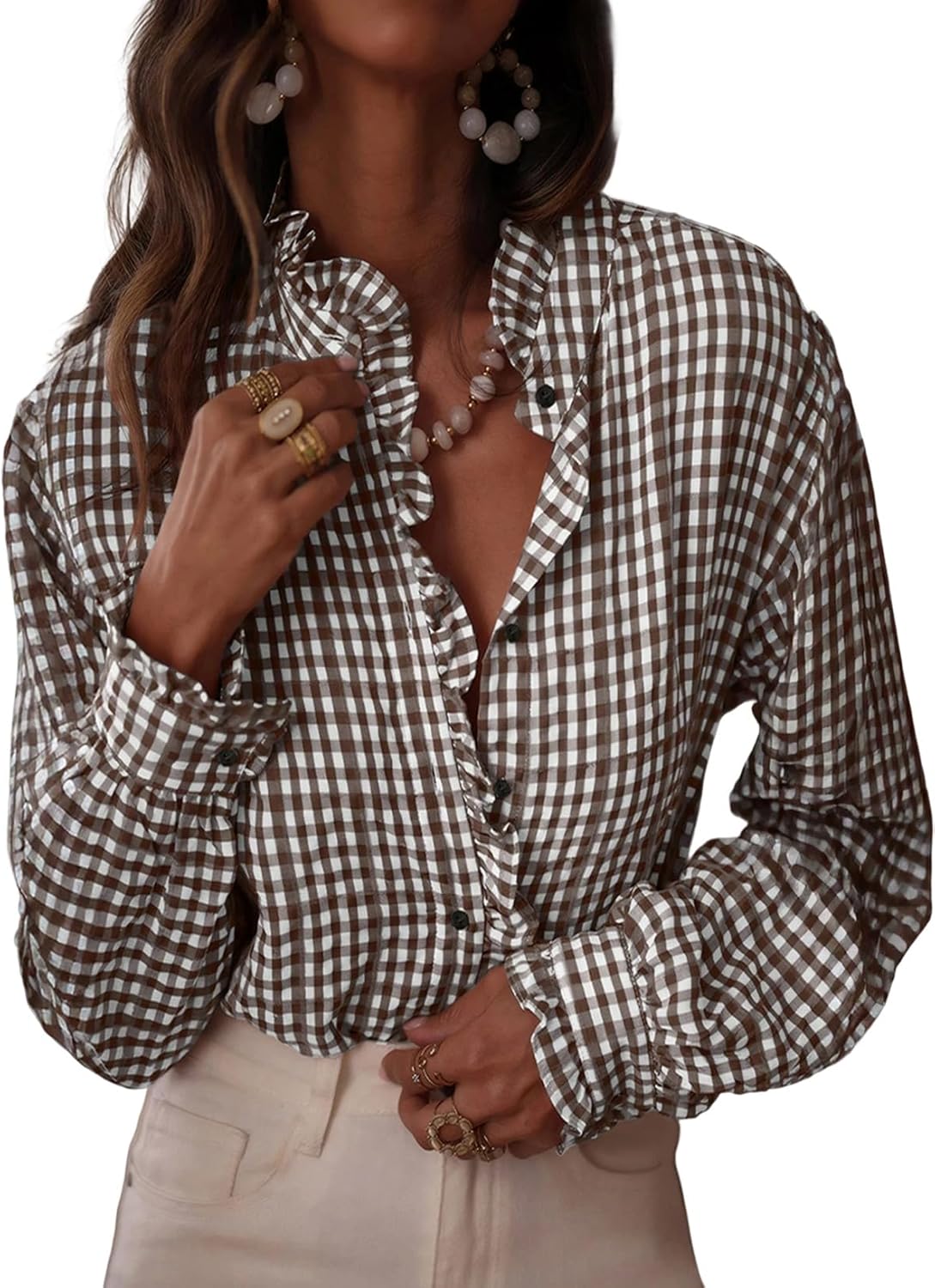 Womens Plaid Ruffle V Neck Button Down Blouse Casual Long Sleeve Gingham Trendy Tops Work Checkered Shirt Medium Coffee