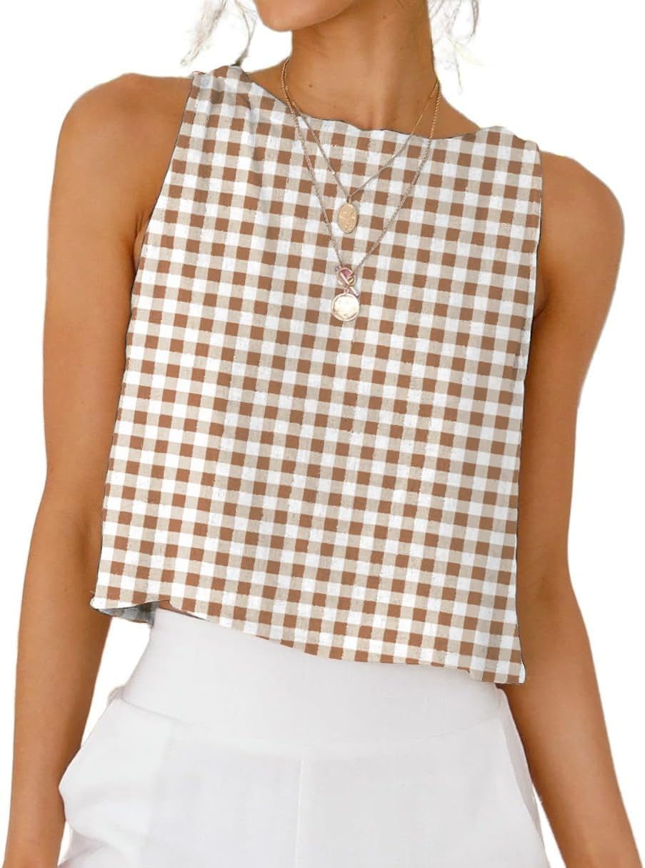 Womens Gingham Tank Tops Spring Summer Casual Crop Cotton Sleeveless Shirts Blouses Dark Khaki Small