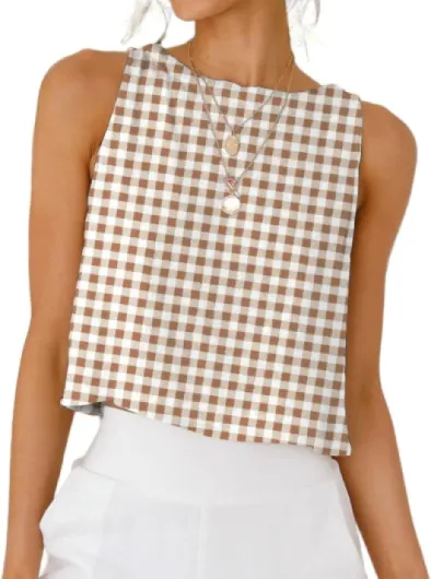 Womens Gingham Tank Tops Spring Summer Casual Crop Cotton Sleeveless Shirts Blouses Dark Khaki Small
