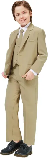 Toddler Boys' 5 Piece Classic Fit No Tail Formal Khaki Dress Suit Set with Tie and Vest 3T Khaki