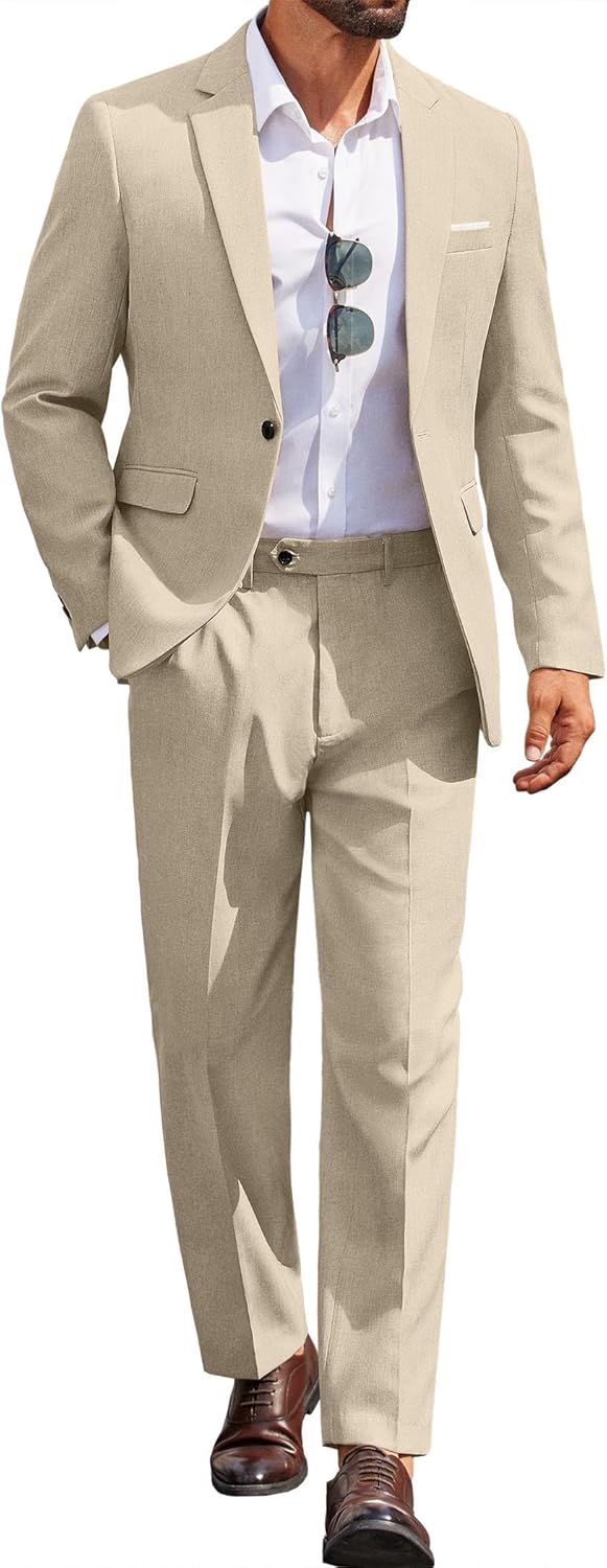 Men Suits Classic Fit 2 Piece Suit Set One Button Casual Blazer Wedding Bussiness Suit Separates X-Large Light Khaki