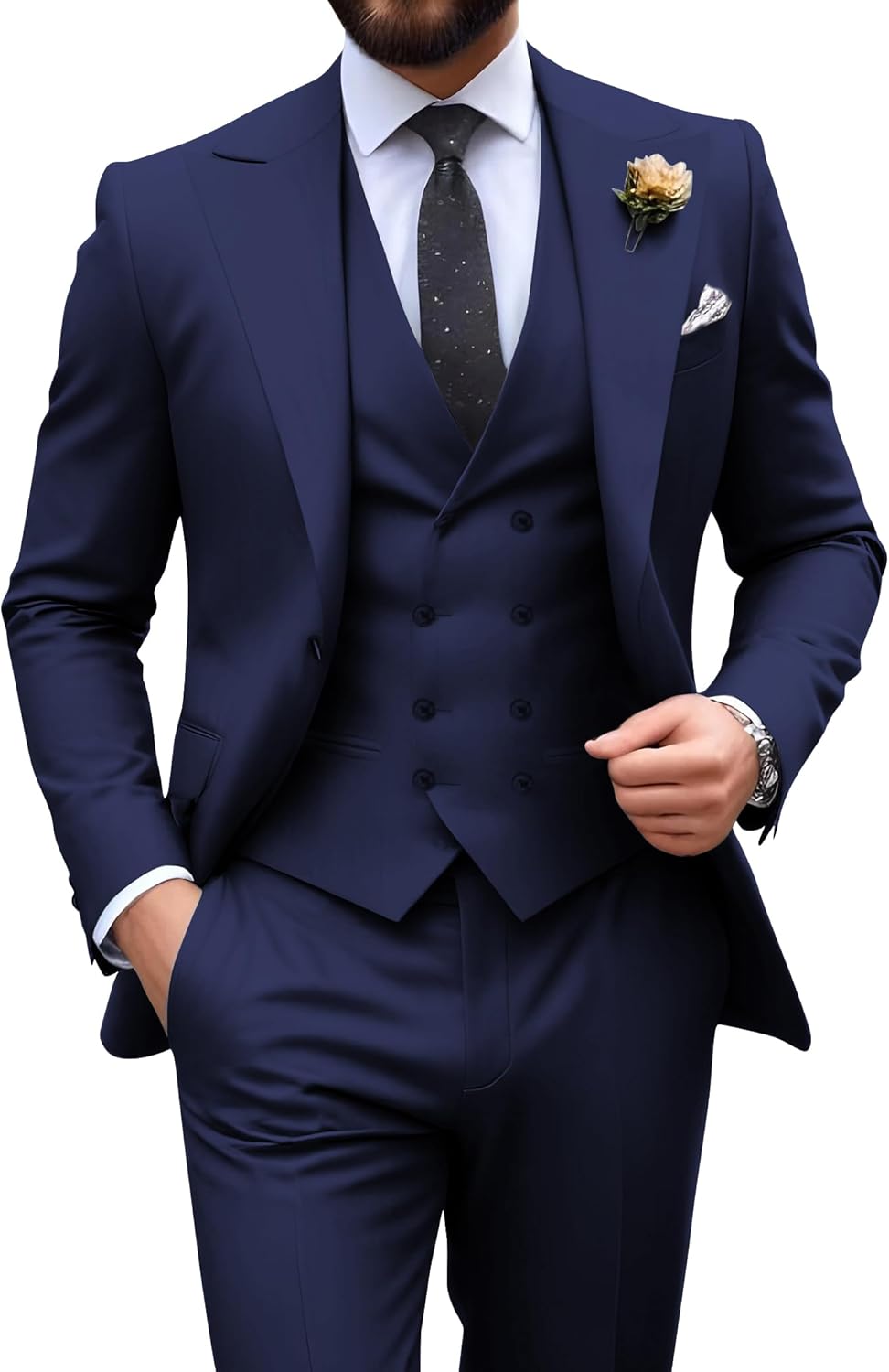 Mens Suit Slim Fit 3 Piece Double Breasted Suit Men Formal Tuxedo Set Casual Wedding Prom Groom Suits Navy Blue X-Small