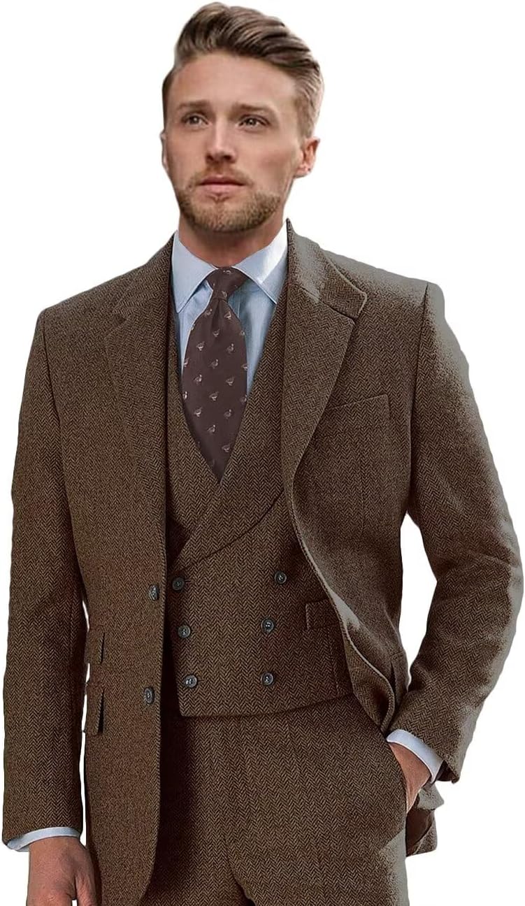 HerringboneTweed Tweed Suits for Men Slim Fit 3 Piece Suit Wool Suits 1920s Wedding Suits Brown Medium
