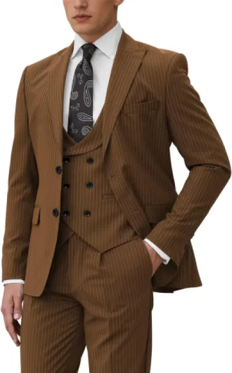 Mens 3 Piece Pinstripe Suit Slim Fit Double Breasted Suit for Men Business Wedding Tuxedo Party X-Large Brown