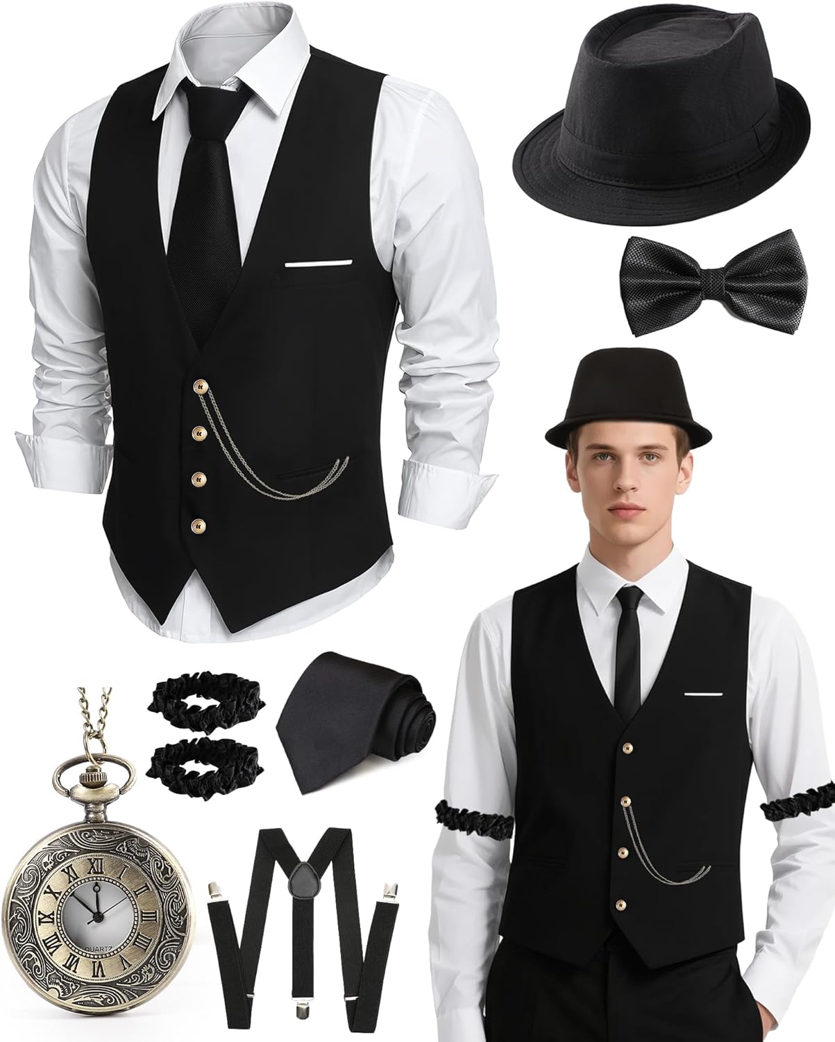 1920s Mens Costume, Roaring 20s Costumes for Men, Fedora Hats for Men 1920S Mens Outfit with Hat, Vest,Pocket Watch Small Black