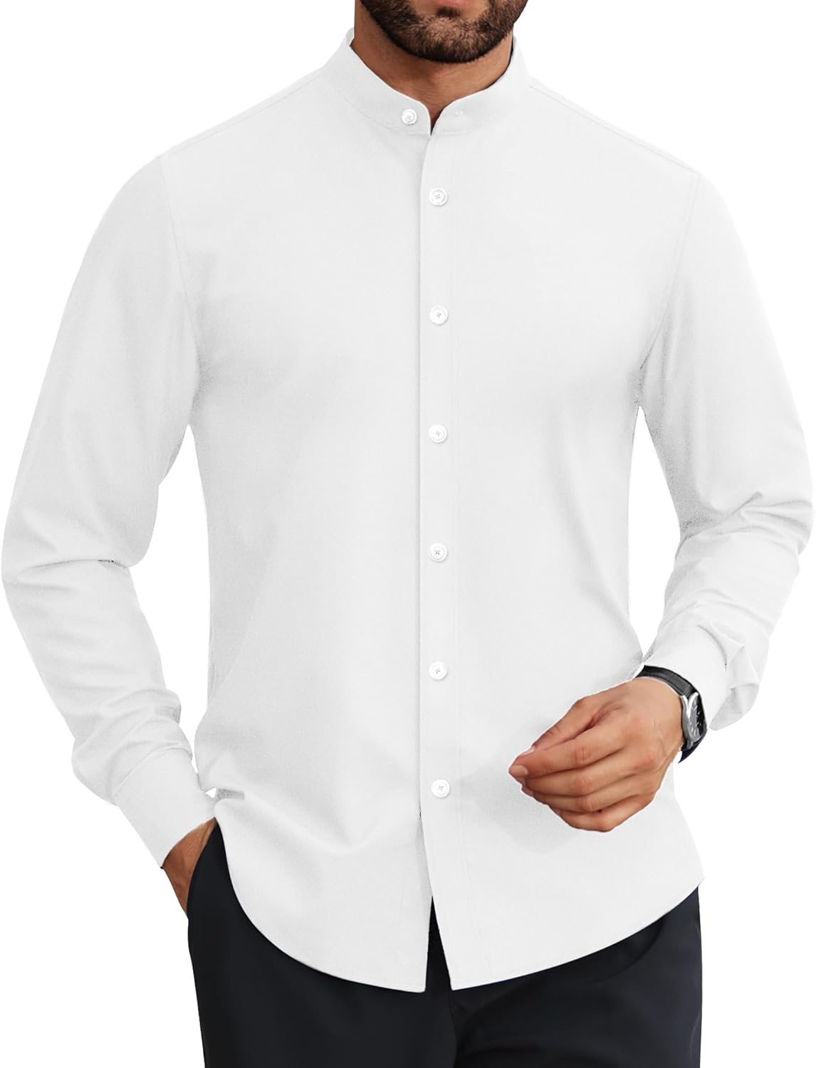 Mens Dress Shirts Wrinkle Free Dress Shirts for Men Long Sleeve Button Down Shirts Banded Collar Shirts All White Large