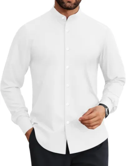 Mens Dress Shirts Wrinkle Free Dress Shirts for Men Long Sleeve Button Down Shirts Banded Collar Shirts All White Large