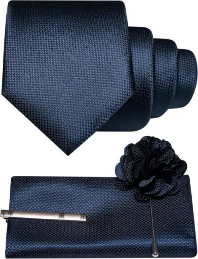 Mens Tie and Lapel Pin with Pocket Square Tie Clip Sets for Casual and Business 4PCS Navy Blue