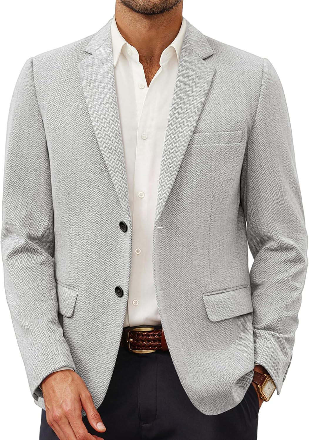 Men's Herringbone Blazer Jacket Lightweight Casual Knit Sport Coat Large Light Grey