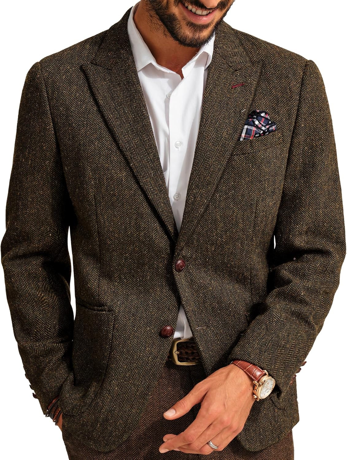 Mens Blazer Vintage Herringbone Tweed Blazer Two Button Wool Blend Sport Coat with Pocket Square Brown XX-Large