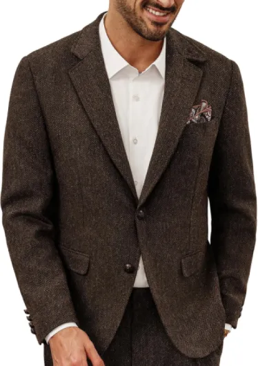 Mens Blazer Vintage Wool Blend Sport Coat Herringbone Tweed Blazer Suit Jacket with Pocket Square X-Large Dark Coffee