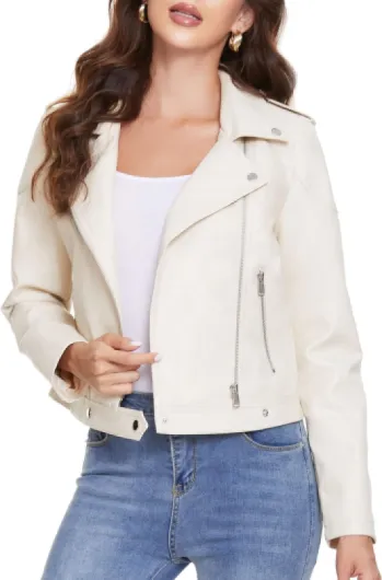 Women's Faux Leather Jackets, Zip Up Motorcycle Short PU Moto Biker Outwear Fitted Slim Coat XX-Large O white