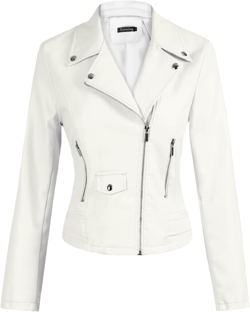 Women's Faux Leather Moto Biker Short Coat Jacket A Beige Medium