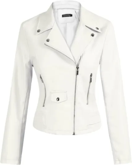 Women's Faux Leather Moto Biker Short Coat Jacket A Beige Medium