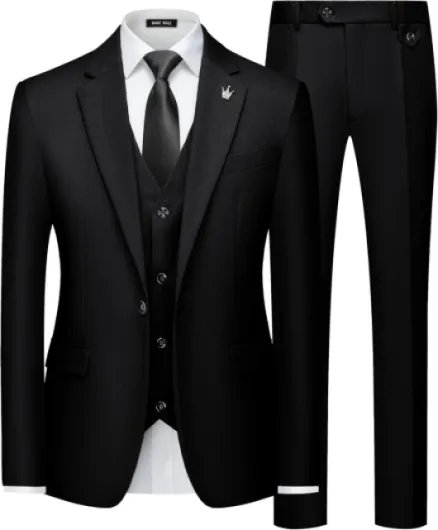 Mens Suits Slim Fit 3 Piece Tuxedo Suit One Button Solid Prom Wedding Party Blazer Vest Pants Set with Tie Large Black