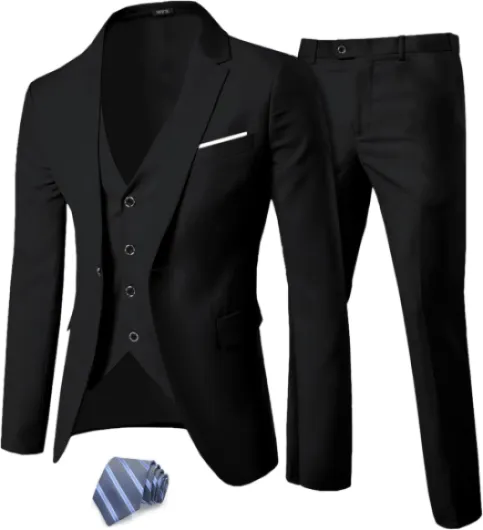 MY'S Men's 3 Piece Suit Set with Tie, One Button Slim Fit Solid Jacket Vest Pants, Prom Party Wedding Business Suits for Men Black Medium