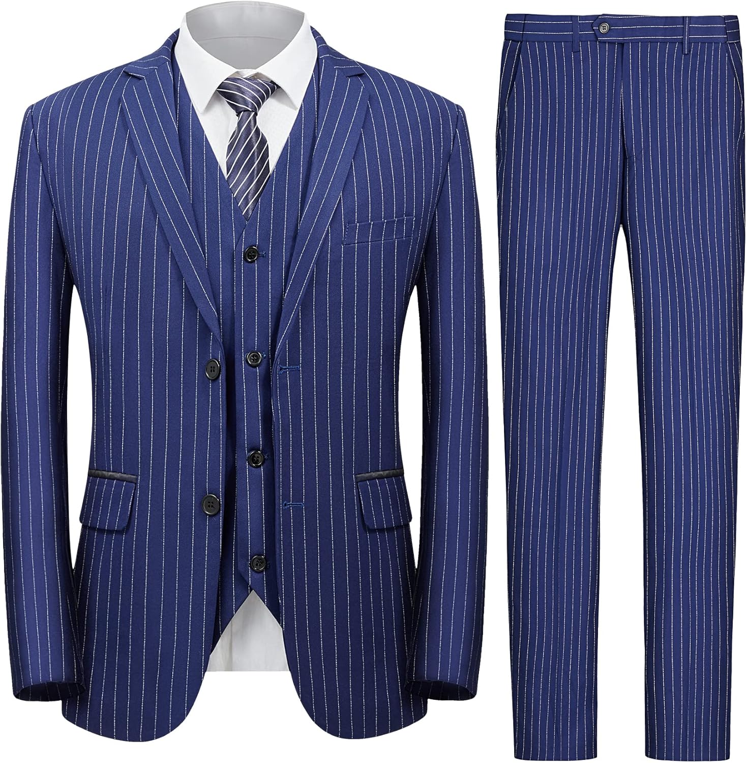Men’s Pinstripe 3 Piece Suit Slim Fit Elegant Single Breasted Business Wedding Party Blazer Vest& Pants Set Pinstripe-dark Blue Large