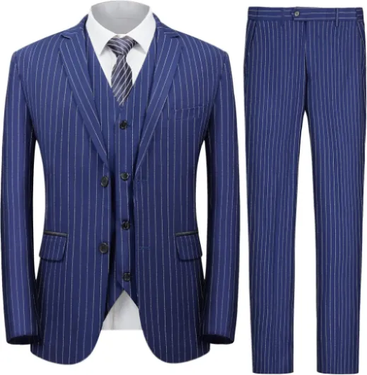 Men’s Pinstripe 3 Piece Suit Slim Fit Elegant Single Breasted Business Wedding Party Blazer Vest& Pants Set Pinstripe-dark Blue Large