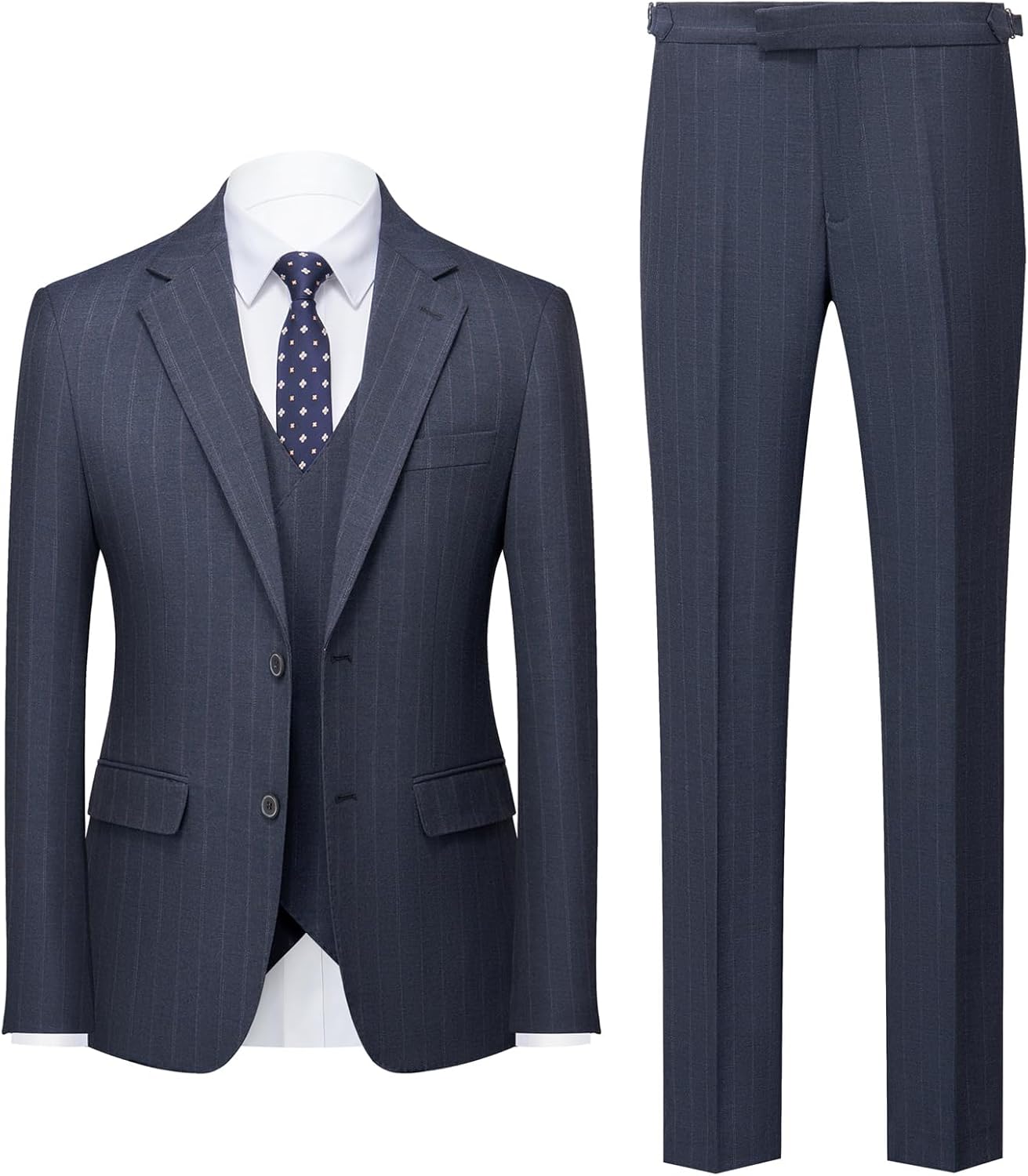 Men's Classic Stripe Suit 3 Piece Elegant Business Suit Two Button Wedding Prom Tuxedo Jacket Vest & Pants 2025 Medium Navy Blue