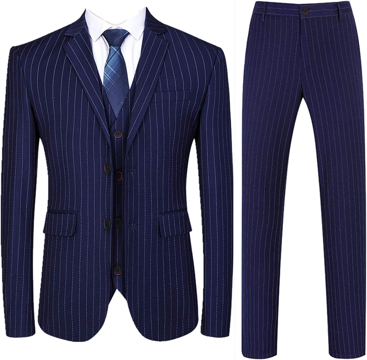 Mens 3 Piece Pinstripe Suit Slim Fit Casual Dress Suits Blazer + Vest + Pants 40 Navy