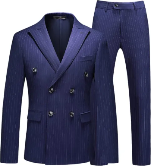 Mens Suits 3 Piece Double Breasted Suit Pinstripe Slim Fit Tuxedo Jacket Vest Pants for Business Wedding Prom 38 Navy