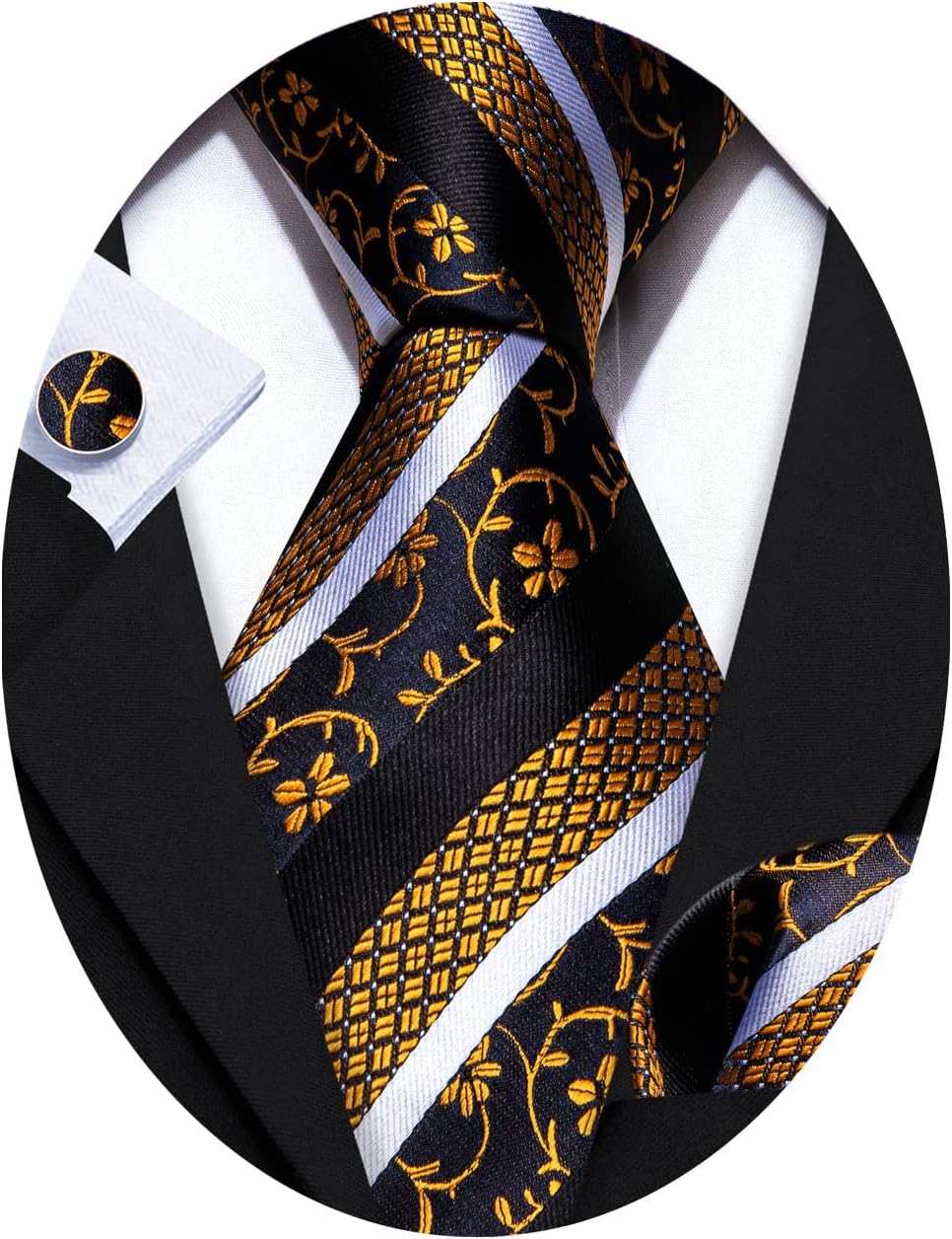 Barry.Wang Man Stripe Ties Set Silk Woven Pocket Square Necktie Cufflinks Formal Party Business Black Gold