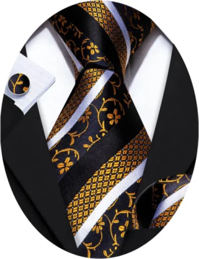 Barry.Wang Man Stripe Ties Set Silk Woven Pocket Square Necktie Cufflinks Formal Party Business Black Gold