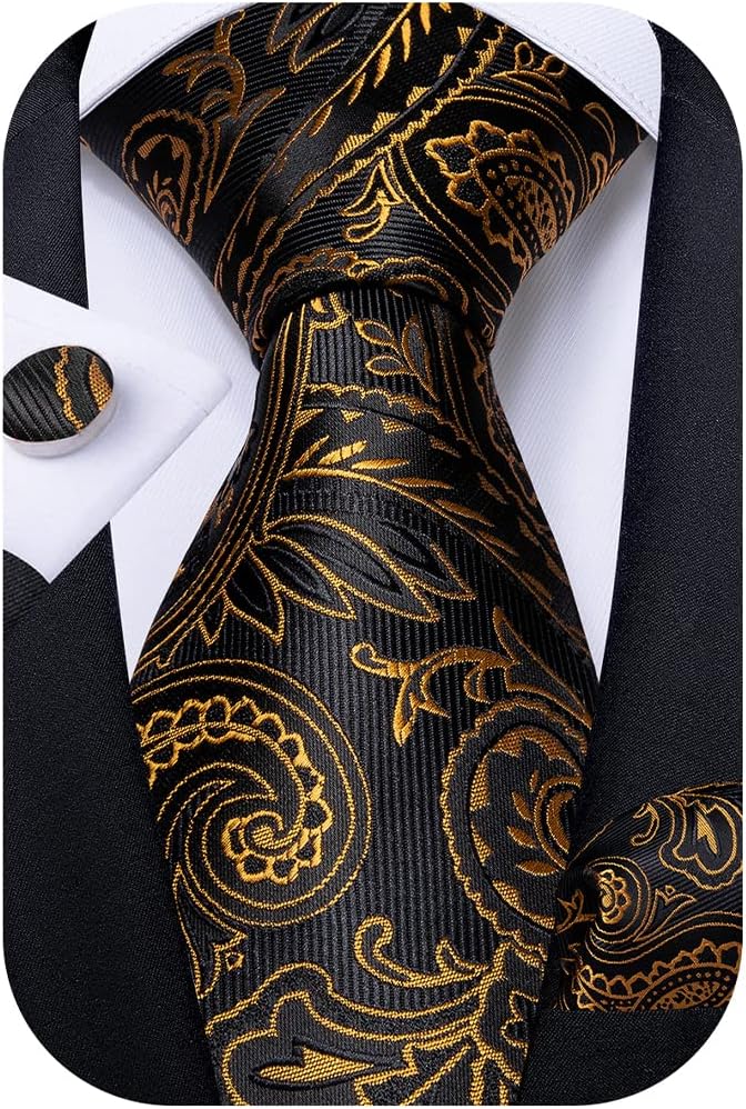 Mens Tie Set Silk Solid Paisley Necktie and Pocket Square Cufflinks Classic Formal Ties for Men Wedding Party 03 Black and Gold Paisley