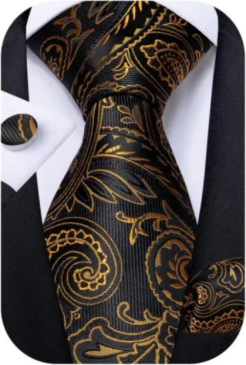 Mens Tie Set Silk Solid Paisley Necktie and Pocket Square Cufflinks Classic Formal Ties for Men Wedding Party 03 Black and Gold Paisley