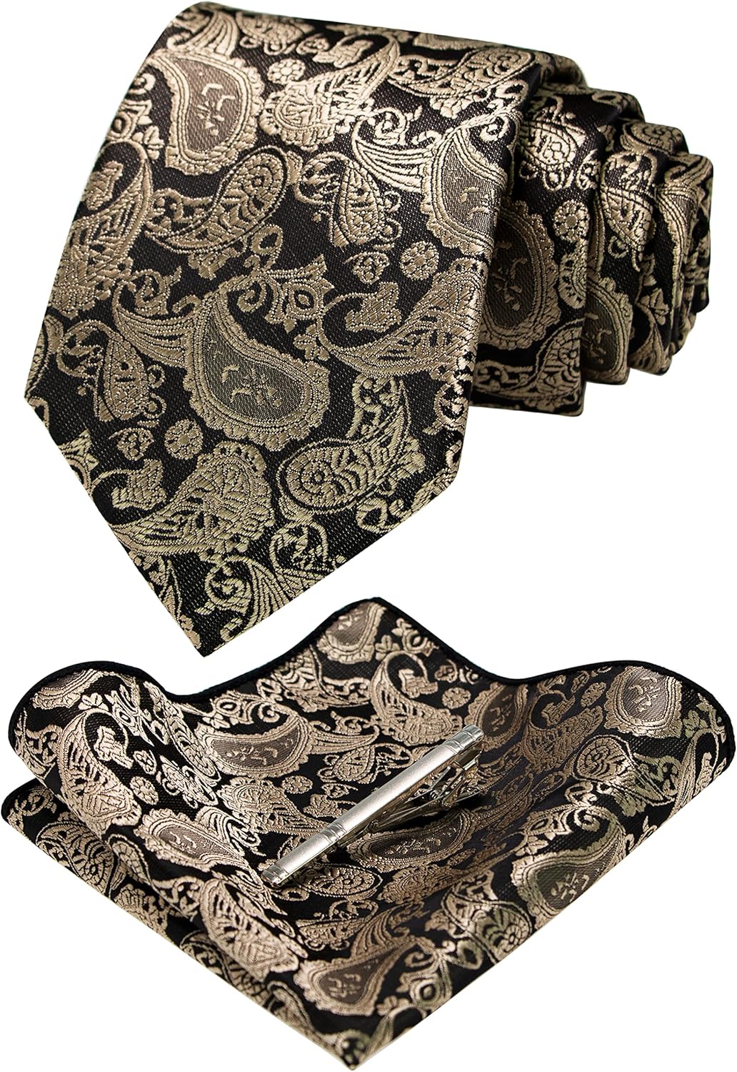 Mens Solid Color Paisley Necktie and Pocket Square with Tie Clip Sets Champagne Black