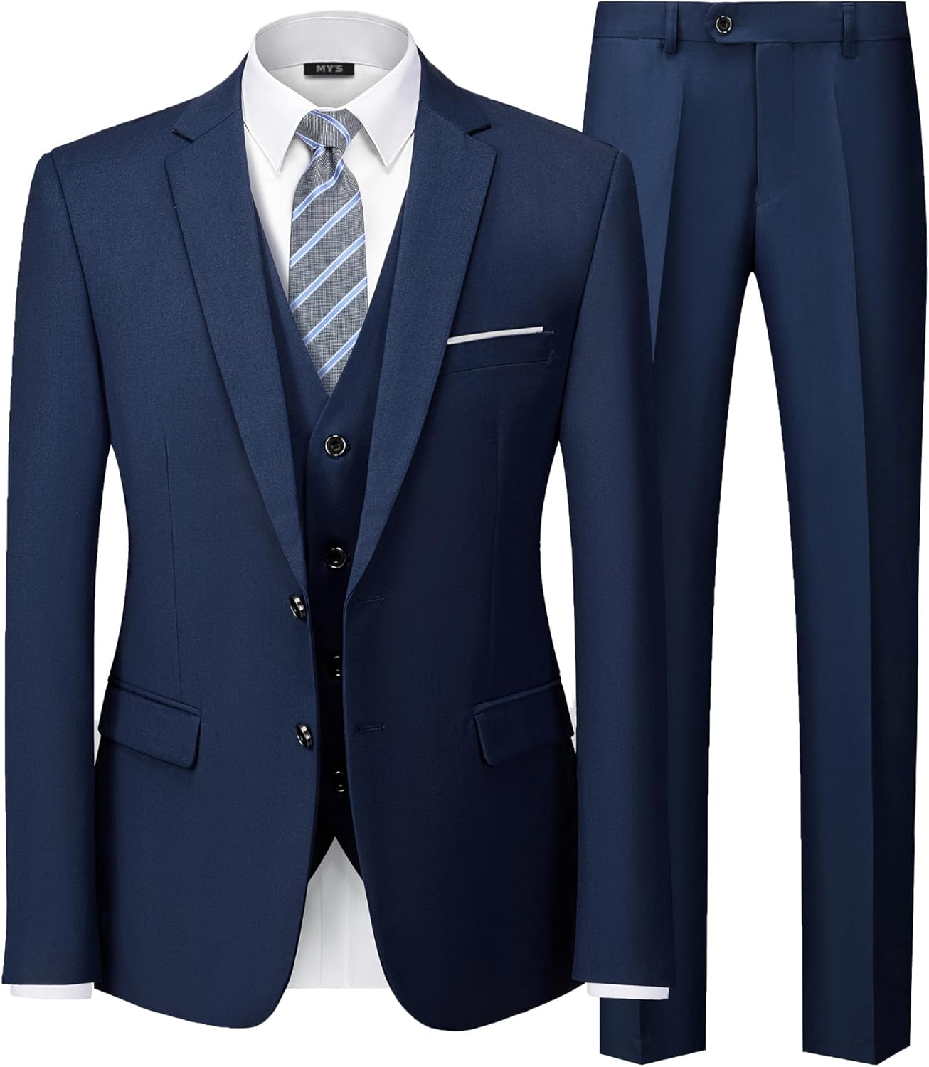 MY'S Men's 3 Piece Slim Fit Suit Set with Tie, 2 Button Blazer Jacket Vest & Pants, Business Wedding Party Prom Suit for Men Deep Blue Large