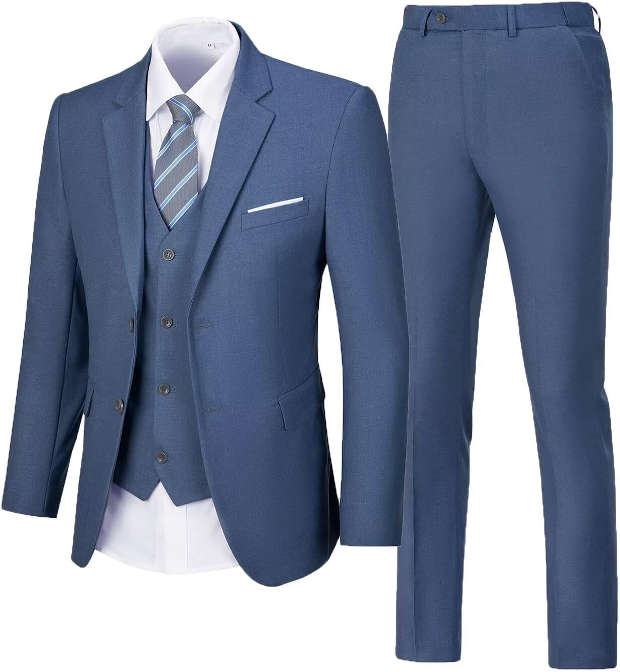 Men's Suit 3 Piece Wedding Suits 2 Buttons Slim Fit Tuxedo Set for Men Prom Casual Business Man Jacket Blazer Vest Pant Small Denim Blue