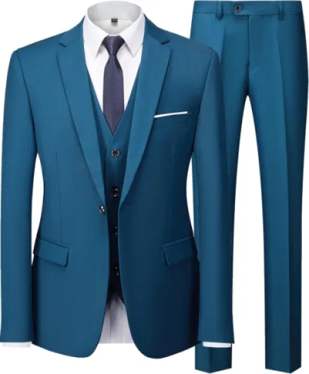 Men's 3 Pieces Suit Set Solid One Button Slim Fit Party Prom Business Wedding Jacket Blazer Vest Pants with Tie 3X-Large Lake Blue