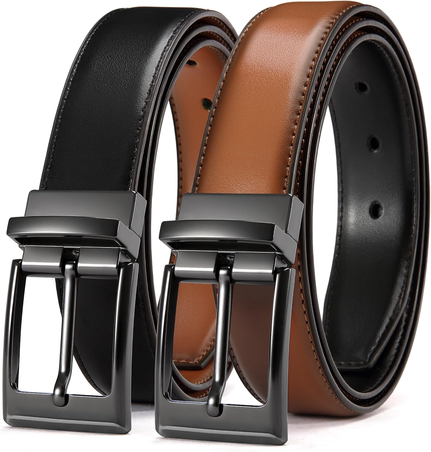 Reversible Belt Men 1 Piece - 1.25" Leather Dress Belt - Trim to Fit for Elegant Style Black/Tan 32"-34"Waist Adjustable