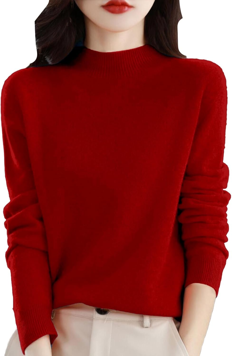 Cashmere Sweaters for Women Long Sleeve Trendy Jumper Knitted Pullover Soft Warm 100% Cashmere Sweater Tops Deep Red Large