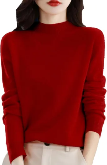Cashmere Sweaters for Women Long Sleeve Trendy Jumper Knitted Pullover Soft Warm 100% Cashmere Sweater Tops Deep Red Large