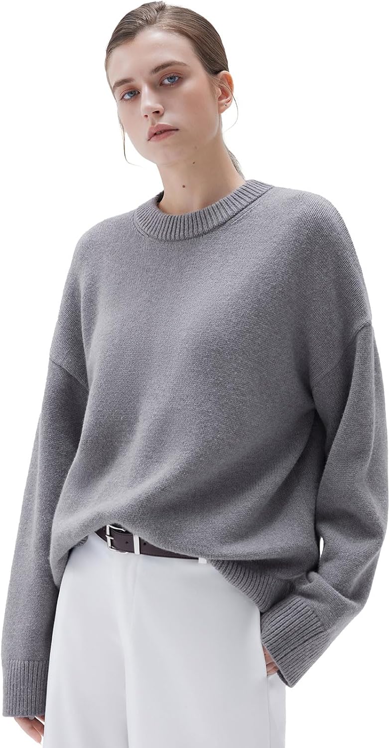 Women Cashmere Oversized Long Sleeve Pullover Sweater Crew Neck Jumpers Heather Grey Medium
