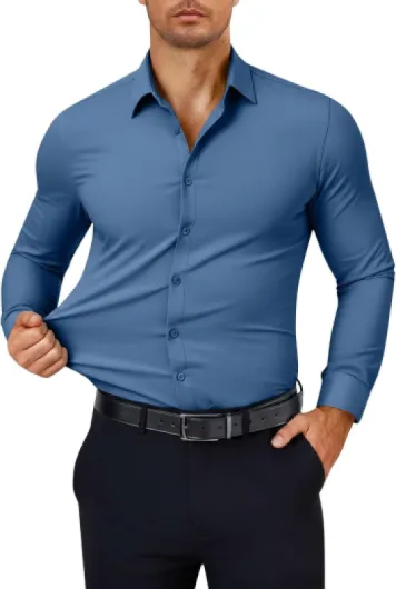 Mens Dress Shirts Muscle Long Sleeve Button Down Blouses Classic Solid Wrinkle-Free Formal Office Tops Dress Shirt Blue Medium