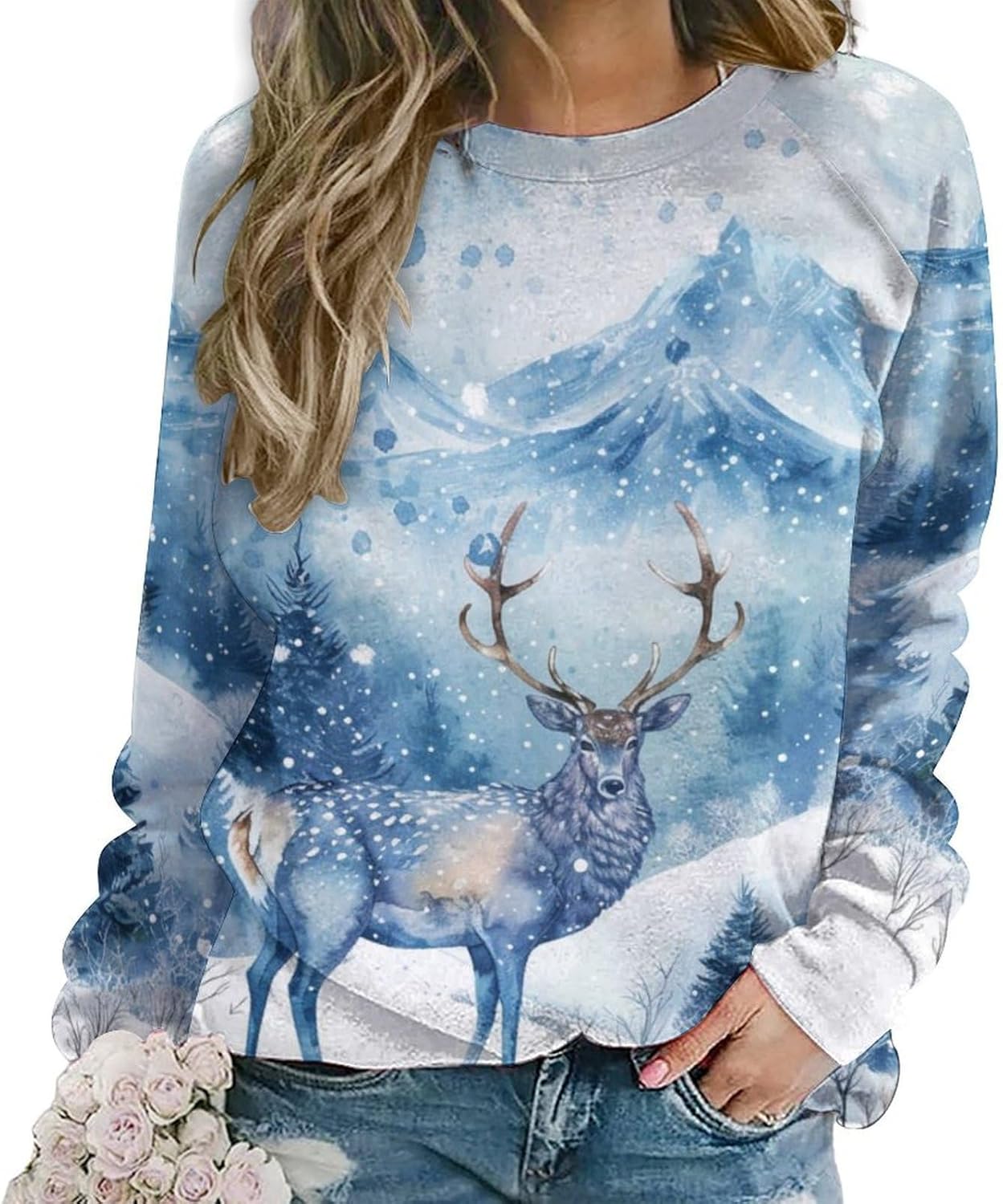 Womens Moose Forest Sweatshirts Fall Fashion Long Sleeve Crewneck Pullover Tops Vintage Deer Graphic Shirts Oversized Christmas Moose Forest Blue White XX-Large